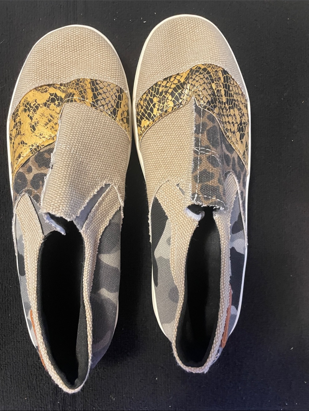 New Beige Slip-On Sneakers with Gold Snake & Camo Accents